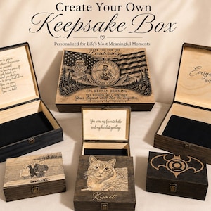 May include: A collection of wooden keepsake boxes with hinged lids and metal latches. The boxes feature various laser-engraved designs, including a military police emblem with an American flag, a cat portrait, a family photo, and a superhero logo.