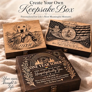 May include: Three rectangular wooden keepsake boxes with metal latches, each featuring distinct laser-engraved designs. One box displays a dog with a duck, another a military-themed flag and emblem, and the third a floral sobriety milestone message.