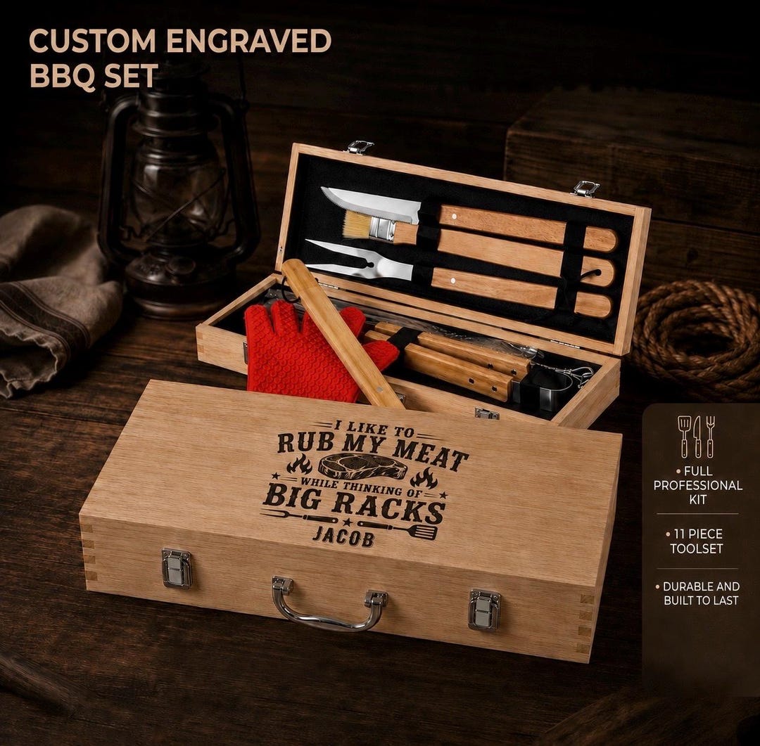 Custom Grilling Tools Personalized BBQ Grill Tool Set, Custom Engraved Maple Case, 11 Piece ...