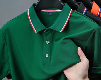Men's Short Sleeve Polo Shirt: Contrasting Stripe Collar, Breathable Fabric Top