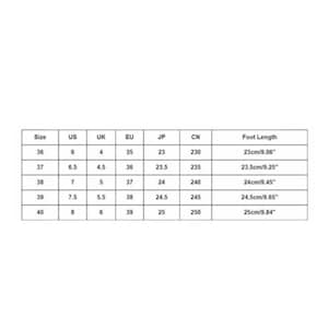 May include: A black and white shoe size conversion chart with columns for Size, US, UK, EU, JP, CN, and Foot Length. The table lists sizes 36 through 40 with corresponding measurements in inches, such as 23cm/9.06 inches for size 36 up to 25cm/9.84 inches.