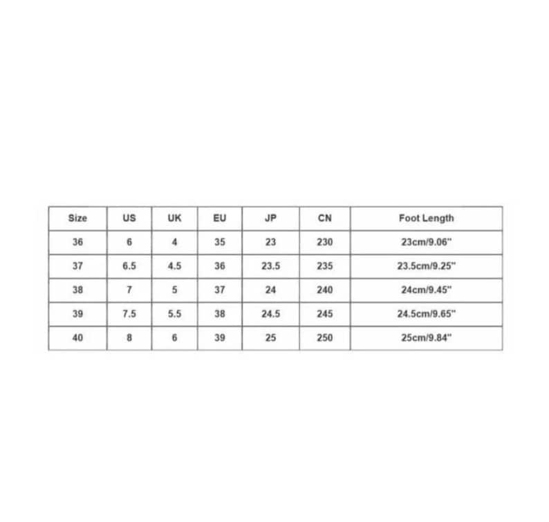 May include: A black and white shoe size conversion chart with columns for Size, US, UK, EU, JP, CN, and Foot Length. The table lists sizes 36 through 40 with corresponding measurements in inches, such as 23cm/9.06 inches for size 36 up to 25cm/9.84 inches.