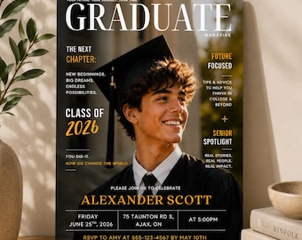 Editable Graduation Magazine Invitation Template, Senior Graduation Announcement, Class of 2026 Invite, Canva Grad Party Template