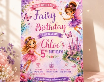 5th Fairy Birthday Invitation Template, Enchanted Fairy Party Invite, Editable Canva Birthday Invitation
