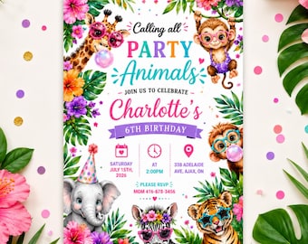 6th Birthday Party Animals Invitation Template, Editable Canva Invite, Safari Jungle Animal Birthday, Instant Download