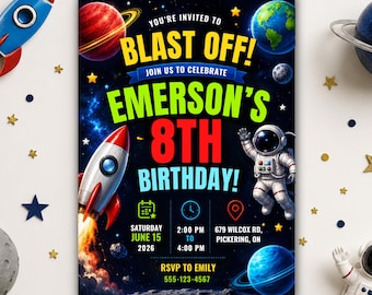 8th Birthday Space Invitation Editable Template, Outer Space Party Invite, Astronaut Rocket Birthday, Galaxy Boys Canva Invite