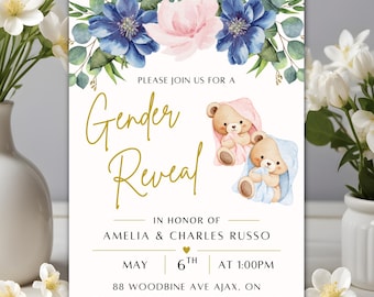 Gender Reveal Invitation Template, Editable Baby Shower Invite, Floral Blue Pink Teddy Bears, Canva Digital Download