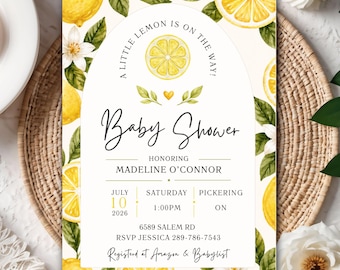 Lemon Baby Shower Invitation Template, A Little Lemon is on the Way Invite, Citrus Baby Shower, Editable Canva Download