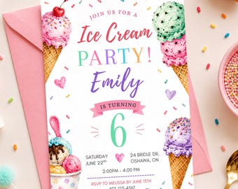 6e modèle d'Invitation d'anniversaire de crème glacée, invitation de fête de crème glacée pastel, Invitation d'anniversaire en toile modifiable