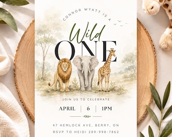 Wild One 1st Birthday Invitation Template, Safari First Birthday Invite, Editable Jungle Party Invite, Canva Instant Download