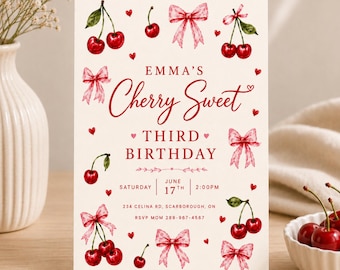 Sweet Cherry 3rd Birthday Invitation Template, Coquette Cherry Birthday Invite, Pink Bow Party Invite, Editable in Canva