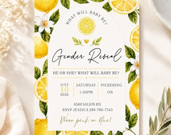 Lemon Gender Reveal Invitation Template, He or She What Will Baby Be Invite, Citrus Baby Shower, Editable Canva, Instant Download