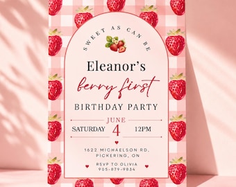 Berry First Birthday Invitation Template, Strawberry 1st Birthday Invite, Pink Girl First Birthday Party, Editable Canva Invite