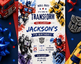 Modèle modifiable d'invitation 7e anniversaire Transformers, invitation à une fête d'anniversaire robot, fête bourdon Autobot, téléchargement immédiat