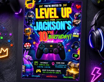 Modèle modifiable d'invitation de jeu pour 10e anniversaire, invitation à une fête de joueur de niveau supérieur, invitation sur toile d'anniversaire de jeu vidéo pour garçons