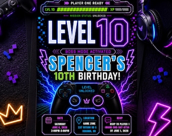 Level 10 Birthday Invitation Template, Gamer Birthday Invite, Video Game Party Invitation, Editable Canva Template, 10th Birthday