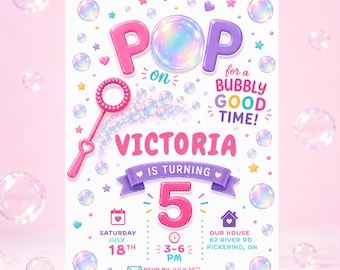 Pop On Over Birthday Invitation Template, Bubble Birthday Party Invite, Editable Canva Template, Girls 5th Birthday Invite