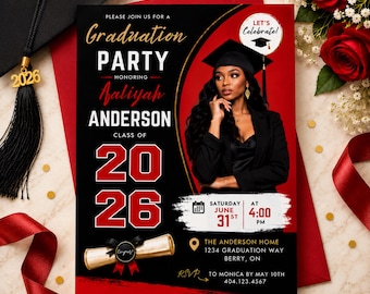 2026 Graduation Party Invitation, Editable Canva Photo Invite, Red Black Gold Graduation Announcement Template, Instant Download