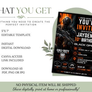 Peut inclure: Mod&egrave;le de faire-part num&eacute;rique pour une f&ecirc;te d'anniversaire sur le th&egrave;me de Call of Duty Black Ops 7. L'invitation mesure 12,7 cm x 17,8 cm et comprend du texte modifiable, un t&eacute;l&eacute;chargement instantan&eacute; et un acc&egrave;s Canva. Le design est noir et orange.