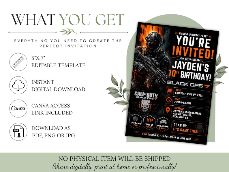 Peut inclure: Mod&egrave;le de faire-part num&eacute;rique pour une f&ecirc;te d'anniversaire sur le th&egrave;me de Call of Duty Black Ops 7. L'invitation mesure 12,7 cm x 17,8 cm et comprend du texte modifiable, un t&eacute;l&eacute;chargement instantan&eacute; et un acc&egrave;s Canva. Le design est noir et orange.