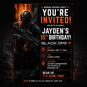 Peut inclure: Invitation d'anniversaire noire et orange avec un soldat. Le texte annonce "Vous &ecirc;tes invit&eacute;(e)s !" &agrave; l'anniversaire des 10 ans de Jayden, avec date, heure et lieu. Le th&egrave;me est "Black Ops 7".