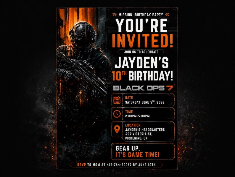 Peut inclure: Invitation d'anniversaire noire et orange avec un soldat. Le texte annonce "Vous &ecirc;tes invit&eacute;(e)s !" &agrave; l'anniversaire des 10 ans de Jayden, avec date, heure et lieu. Le th&egrave;me est "Black Ops 7".