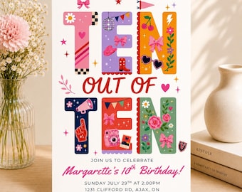 Zehn von zehn Punkten – Einladung zum 10. Geburtstag, Einladung für Mädchen im Teenageralter, Rosa Party-Einladung, Bearbeitbare Canva-Vorlage