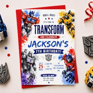 K&ouml;nnte beinhalten: Eine rechteckige Geburtstagseinladungskarte mit Transformers-Figuren, blauem und rotem Text mit der Aufschrift Roll Out! It's Time To Transform And Celebrate Jackson's 7th Birthday!, Veranstaltungsdetails und einem roten Umschlag.