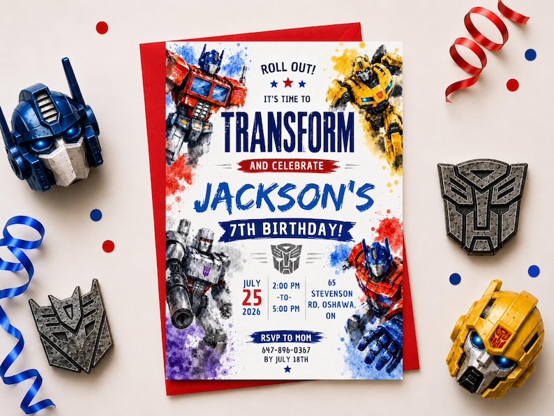 K&ouml;nnte beinhalten: Eine rechteckige Geburtstagseinladungskarte mit Transformers-Figuren, blauem und rotem Text mit der Aufschrift Roll Out! It's Time To Transform And Celebrate Jackson's 7th Birthday!, Veranstaltungsdetails und einem roten Umschlag.