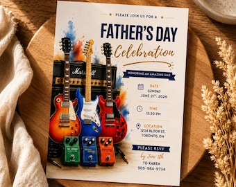 Father’s Day Guitar Invitation Template, Editable Music Party Invite, Rock Dad Celebration, Whiskey BBQ Dinner Canva Invite