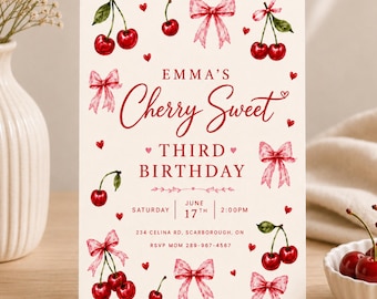 Vorlage für eine süße Kirsch-Einladung zum 3. Geburtstag, verspielte Kirsch-Geburtstagseinladung, rosa Schleifen-Partyeinladung, bearbeitbar in Canva