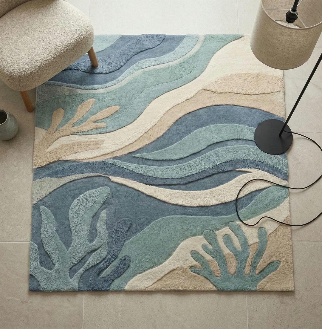Coastal Blue Ocean Waves Hand Tufted Wool Rug - Etsy