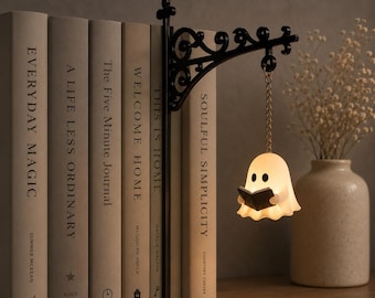 Gotische viktorianische Hängebuchstütze mit Halloween-Kürbislicht, Vintage-Eisenregaldeko mit verschnörkelten Verzierungen, kein Bohren erforderlich, Geister- oder Lampen-Nachtlicht