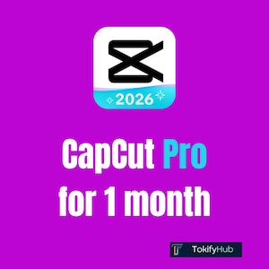 May include: A digital graphic on a purple background featuring the CapCut logo icon with the text 2026, followed by the white and cyan text CapCut Pro for 1 month, and a small black rectangular logo at the bottom right labelled TokifyHub.