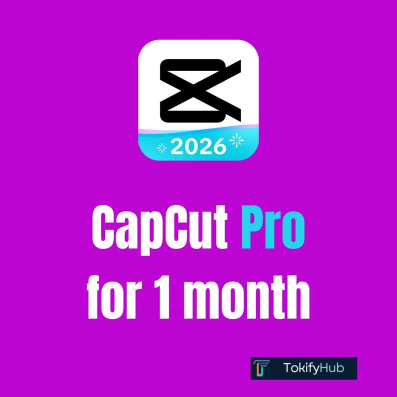 May include: A digital graphic on a purple background featuring the CapCut logo icon with the text 2026, followed by the white and cyan text CapCut Pro for 1 month, and a small black rectangular logo at the bottom right labelled TokifyHub.