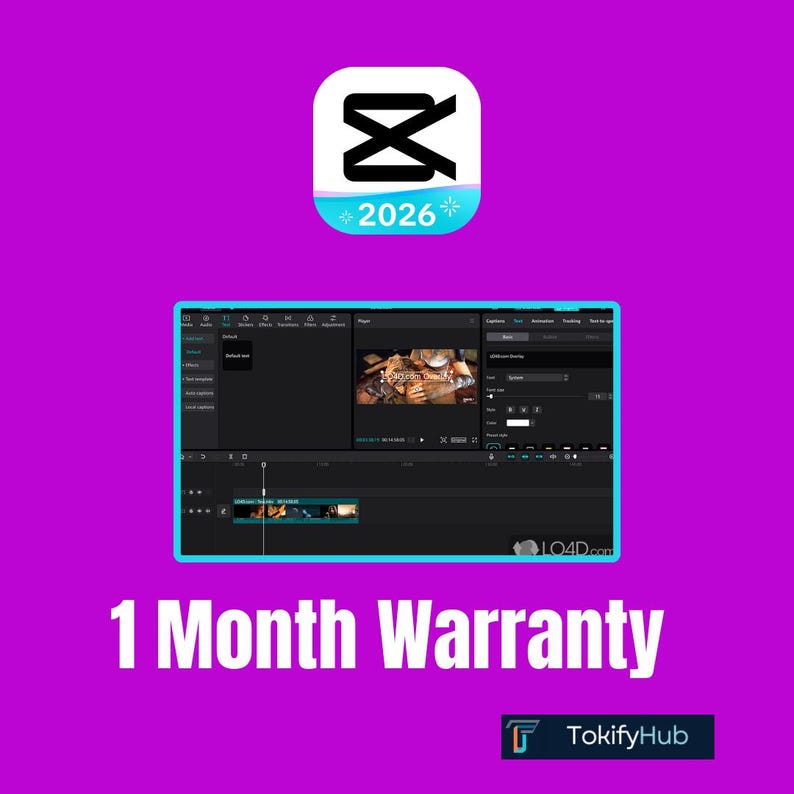 May include: A digital graphic featuring the CapCut logo with the text 2026, a screenshot of the CapCut video editing interface, the text 1 Month Warranty, and the TokifyHub logo, all set against a solid bright purple background.