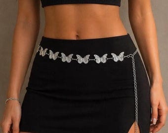 Silver Butterfly Waist Chain, Y2K Belly Chain Belt, Adjustable Fairycore Body Jewelry, Cute Chain Belt for Skirts, Jeans & Festival Outfits