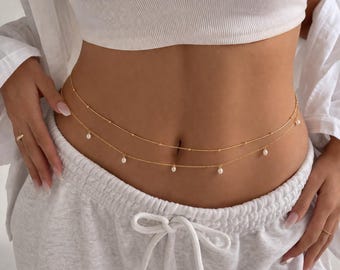 Double Layer Gold Pearl Belly Chain, Handmade Waist Chain, Body Jewelry, Adjustable Boho Body Chain for Summer, Festival & Beach Outfits