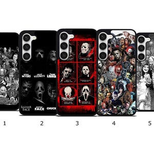 May include: Five black phone cases with horror movie character designs. The cases feature images of iconic villains and characters from popular horror films. Each case has a different design, including collages and individual character portraits.