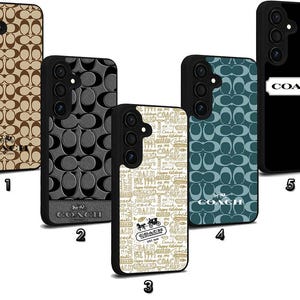 May include: A collection of Coach phone cases in various designs. The cases feature the Coach logo and signature patterns in brown, black, and teal. Some cases have the Coach logo in a white rectangle on a black background.