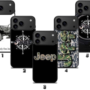 May include: Five black phone cases with various designs. These include a Jeep vehicle illustration, a compass rose with "Jeep" text, camouflage "Jeep" text, and a camouflage skull design with "Jeep" text. The text "There's Only One Jee" is also visible.