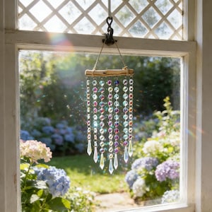 Può includere: Un acchiappasole decorativo appeso a una finestra. L'acchiappasole presenta fili di perline colorate e iridescenti sospese da un ramo di legno naturale. Cristalli trasparenti a forma di goccia pendono in basso. Il telaio della finestra è bianco, con un giardino sullo sfondo.