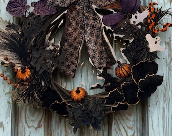 Gotische Halloweenkrans — Zwart, paars en oranje glitter