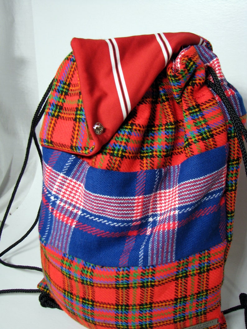 Cinch Sack Drawstring Backpack Plaid Back pack Bag OOAK Yoga bag Lightweight Carry-all Gym Bag Tartan Bag Red Bag
