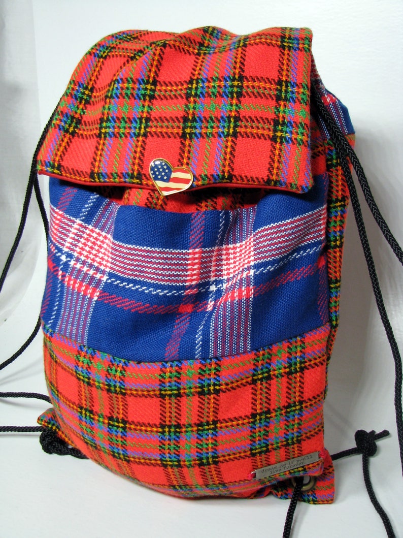 Cinch Sack Drawstring Backpack Plaid Back pack Bag OOAK Yoga bag Lightweight Carry-all Gym Bag Tartan Bag Red Bag