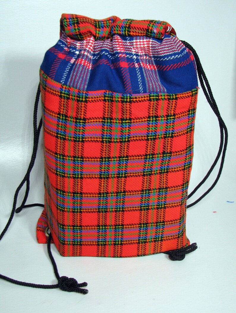 Cinch Sack Drawstring Backpack Plaid Back pack Bag OOAK Yoga bag Lightweight Carry-all Gym Bag Tartan Bag Red Bag