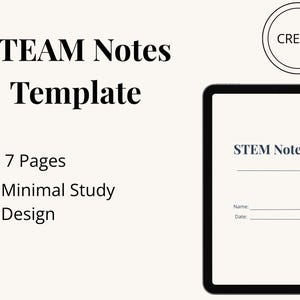 Puede incluir: Plantilla digital de notas STEAM con un diseño minimalista. La imagen muestra una tableta con un diseño de notas STEM, que incluye campos para el nombre y la fecha. La plantilla incluye 7 páginas.