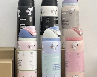 Snoopy Owala 24oz 32oz Water Bottle Peanuts Aesthetic Tumbler Leak Proof Insulated FreeSip Straw Lid Gift for Her