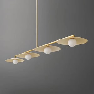 Mid Century Brass Linear Chandelier: Modern Milk Glass Globe Chandelier Lighting Fixture for Kitchen Island, Over Dining Table Ceiling Light