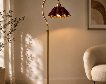 Lampa stojąca w stylu vintage w kolorze bordowym z litego mosiądzu: nowoczesna lampa stojąca, lampa do czytania z połowy XX wieku do salonu, sypialni i pokoju dziecięcego